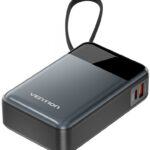 Vention 20000mAh Power Bank (USB-C + USB-C/USB-A) with Built-in USB-C Cable 65W Black LED Display Ty